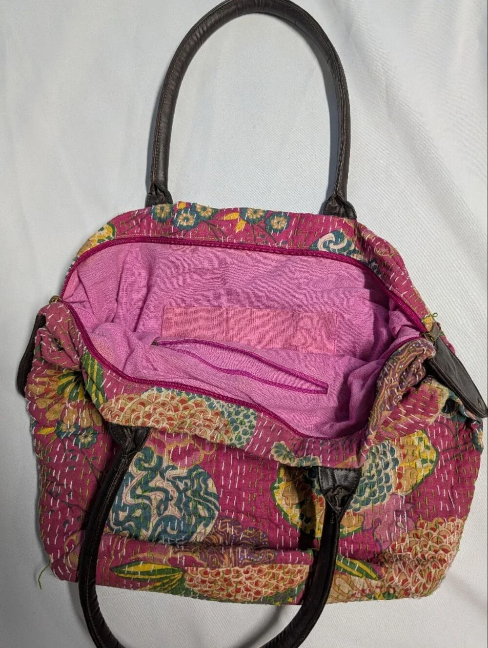 Vintage Quilted Floral Kantha Tote with Multicolor Accents + Leather Straps